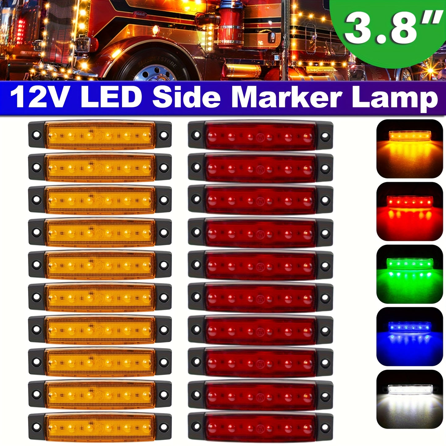 20pcs 12V (10 Red&10 Amber) 3.8" 6 LED Front Rear Side Marker Indicator Lights LED Lamp Indicator