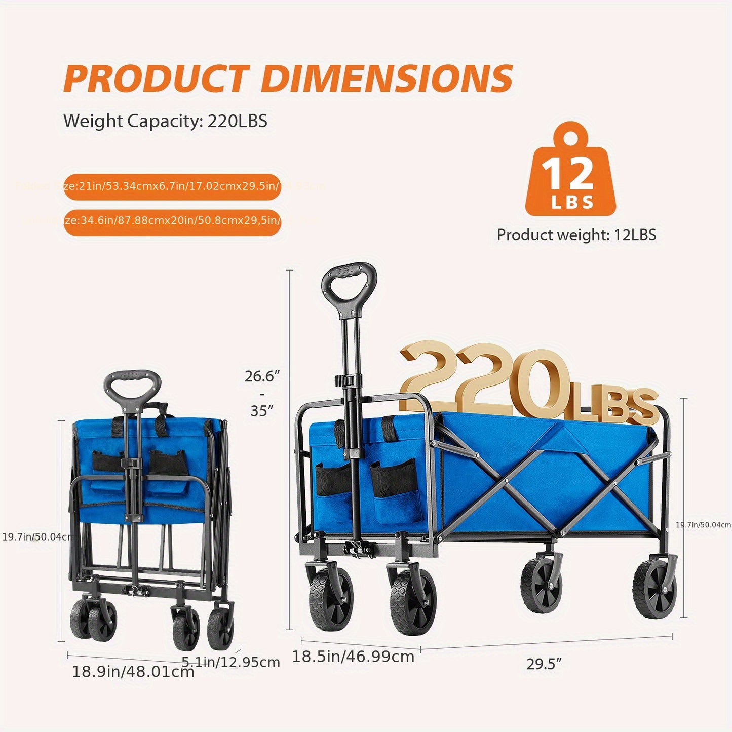 Collapsible Folding Wagon, Heavy Duty Utility Portable Beach Garden Cart w/360°All Terrain Wheels