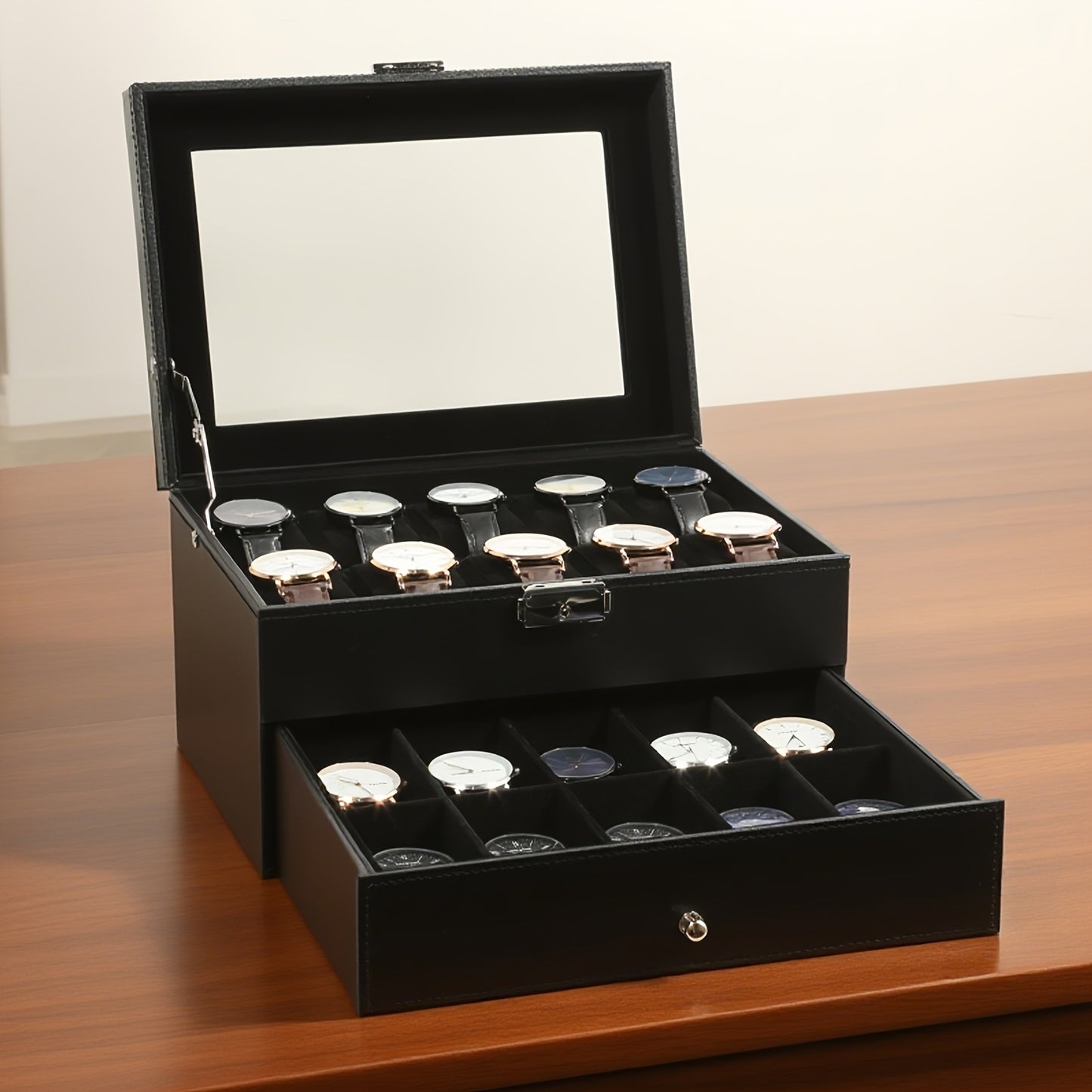 20-grid Double-layer Watch Box, Brown, Black, Gray Pillows, Solid Glass Cover,Collection And Display