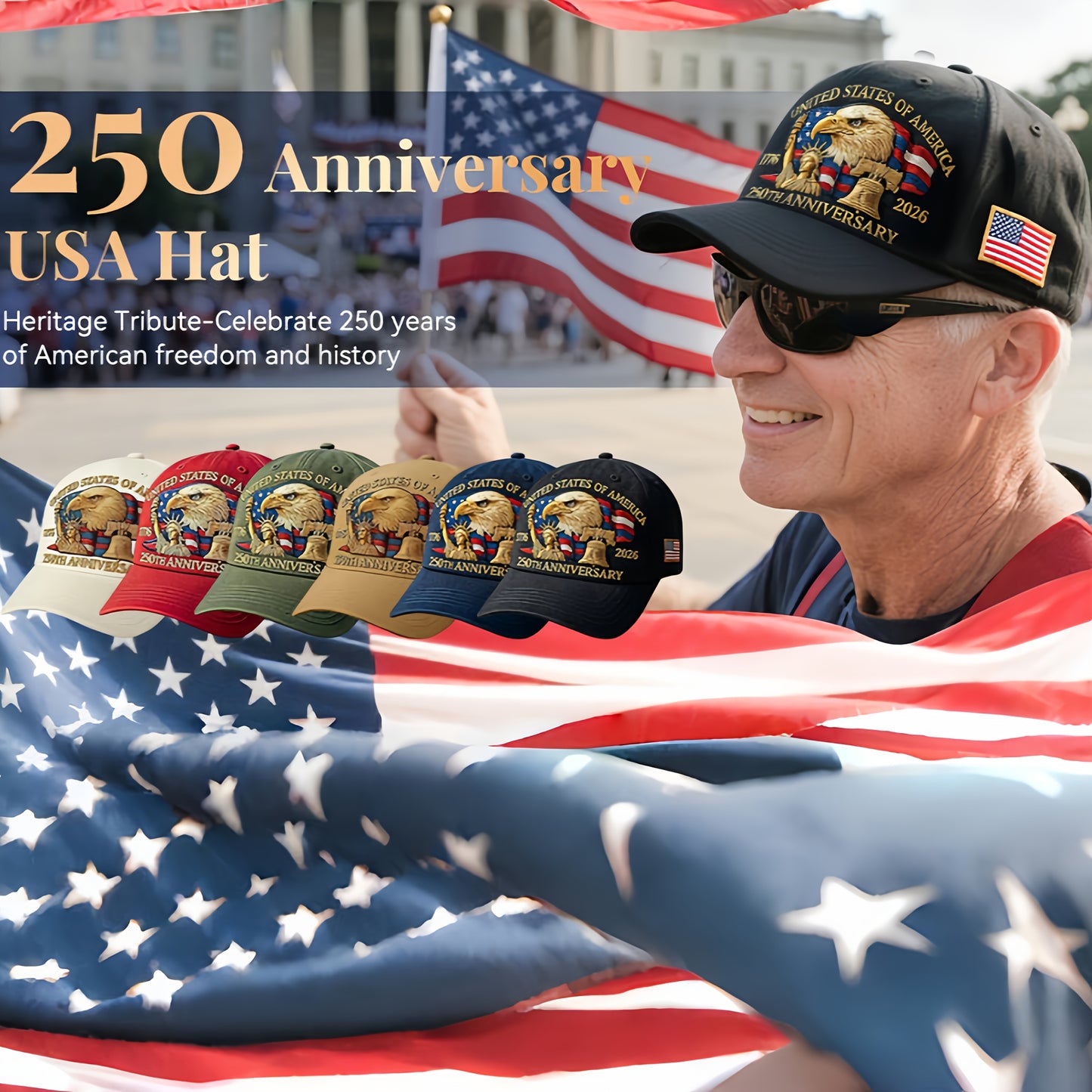 Patriotic Baseball Cap - United States 250th Anniversary Eagle Design - Adjustable Snapback, Lightweight & Comfortable - 250th Birthday of America with Eagle & 1776-2026 Years - Unisex Commemorative Gift for Veterans, History