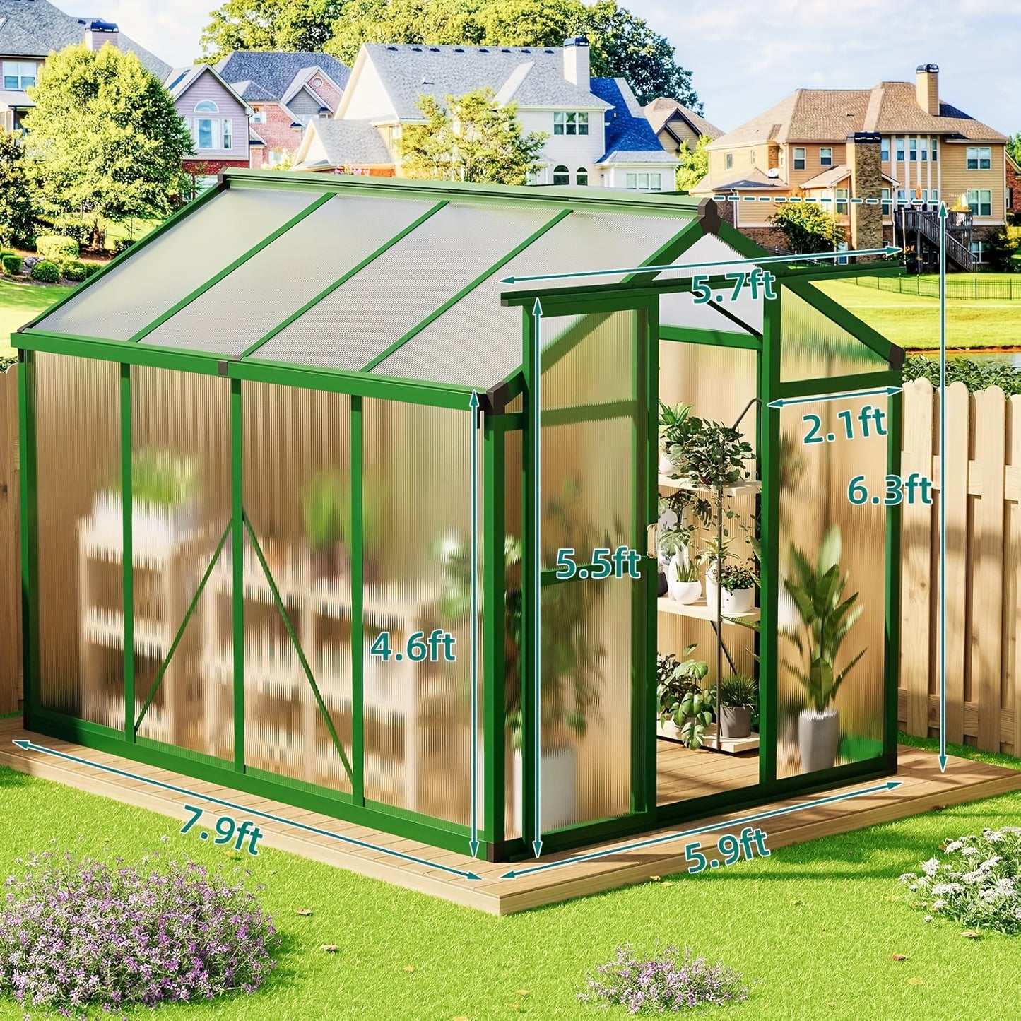 Walk-in Greenhouse With Sliding Lockable Door & Roof Vent, 6x10x6.3ft Aluminum Greenhouse