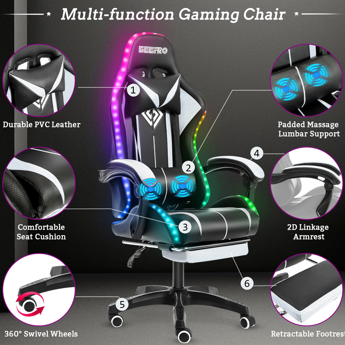 RGB Light Gaming/Computer/Office Chair 135 Degrees Swivel 2 Point Massage Recliner Bluetooth Speaker