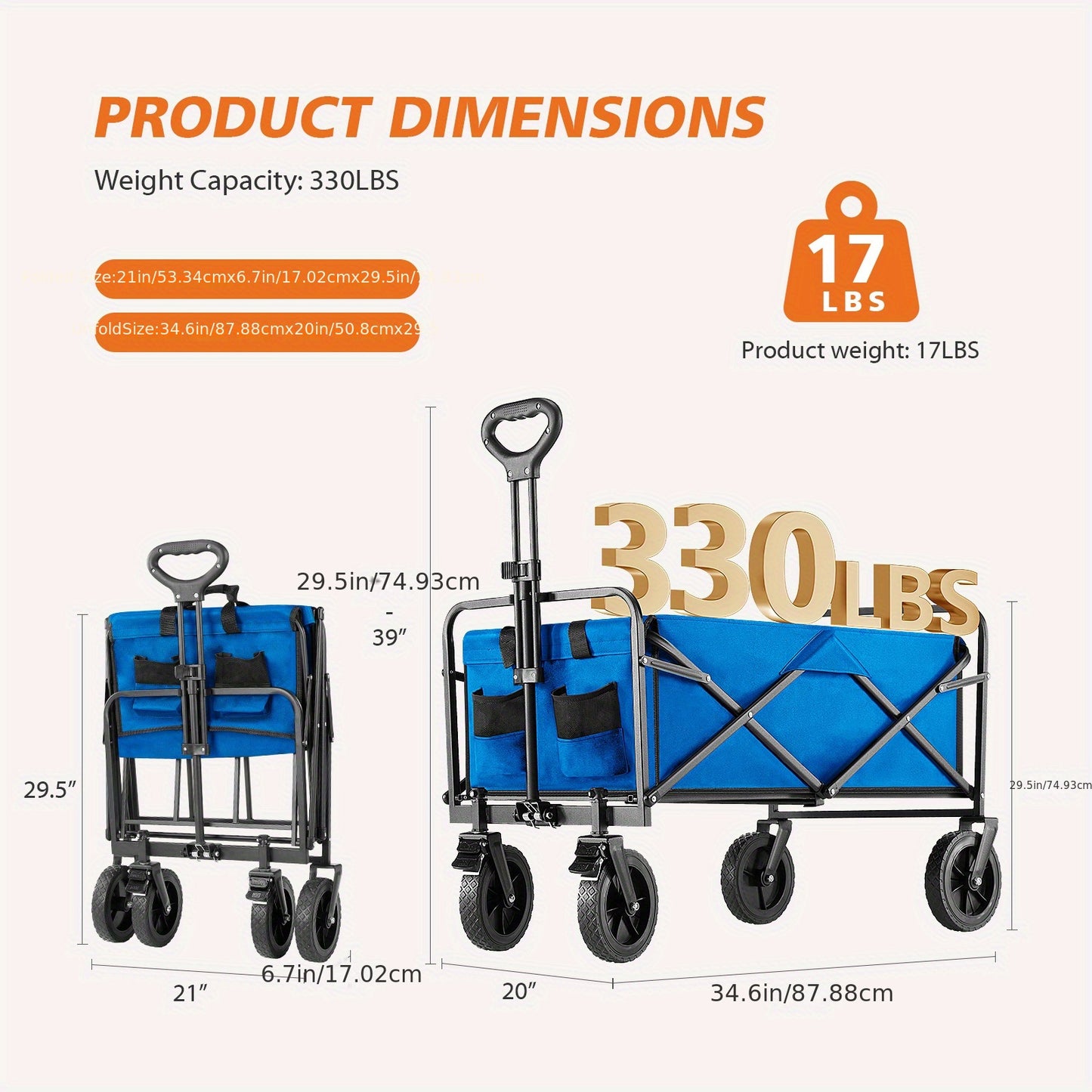 Collapsible Folding Wagon, Heavy Duty Utility Portable Beach Garden Cart w/360°All Terrain Wheels