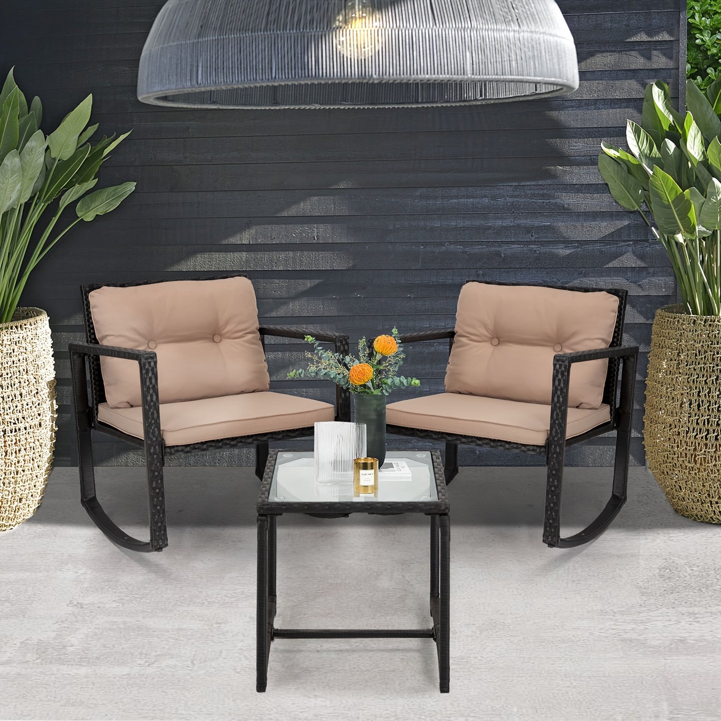 3 Pieces Rocking Wicker Bistro Set terrace Furniture Set w/ 2 Rattan Chairs and Glass Coffee Table