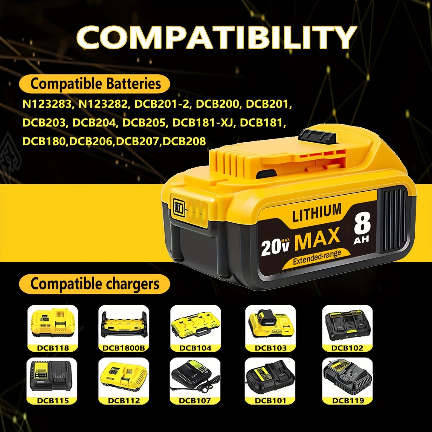 1/2-Pack 8.0Ah Replacement for Dewalt 20v Max XR - Lithium-Ion Batteries - High-Capacity