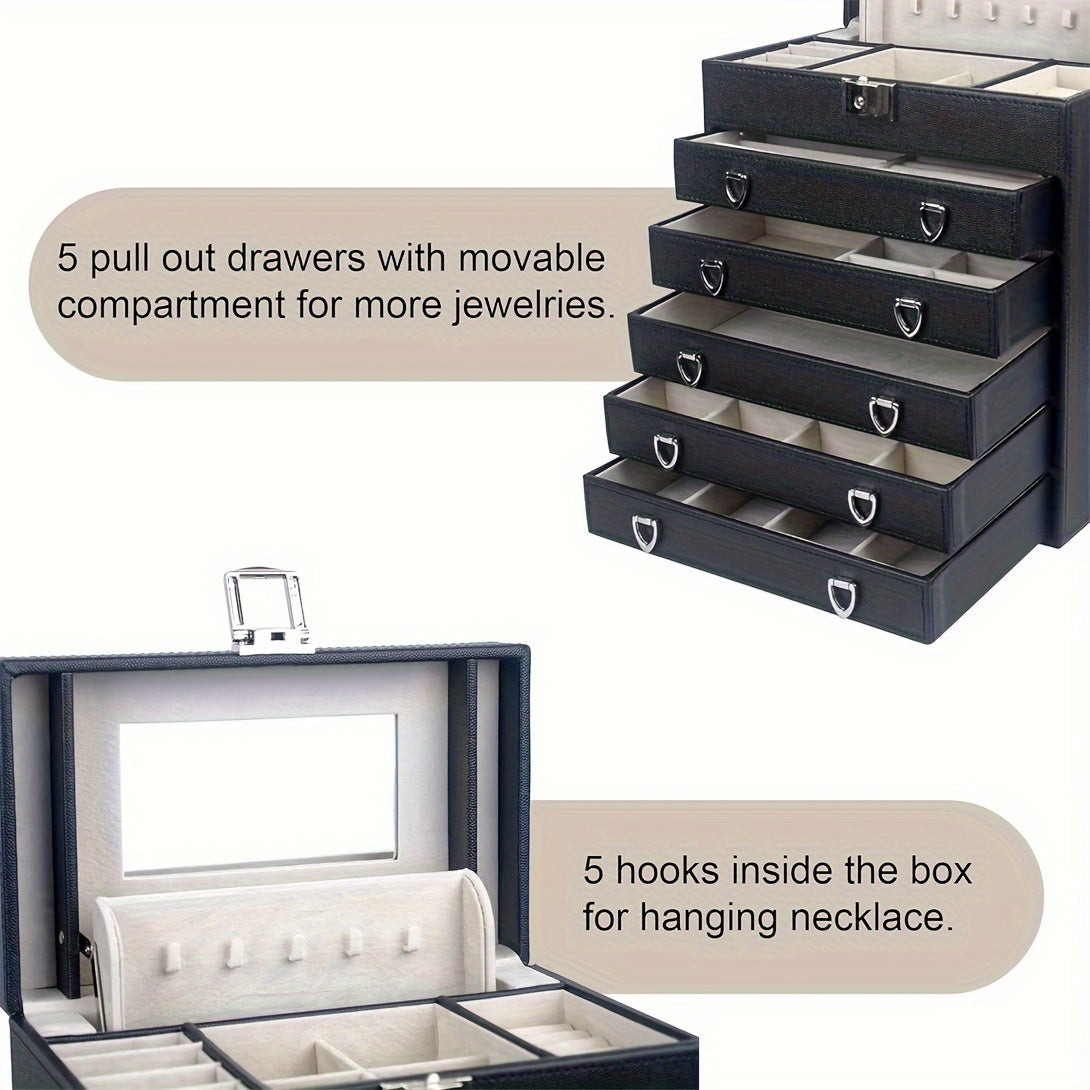 6-Layer Large Leather Jewelry Box for Women, Jewelry Organizer Box w/Mirror LJC09BK