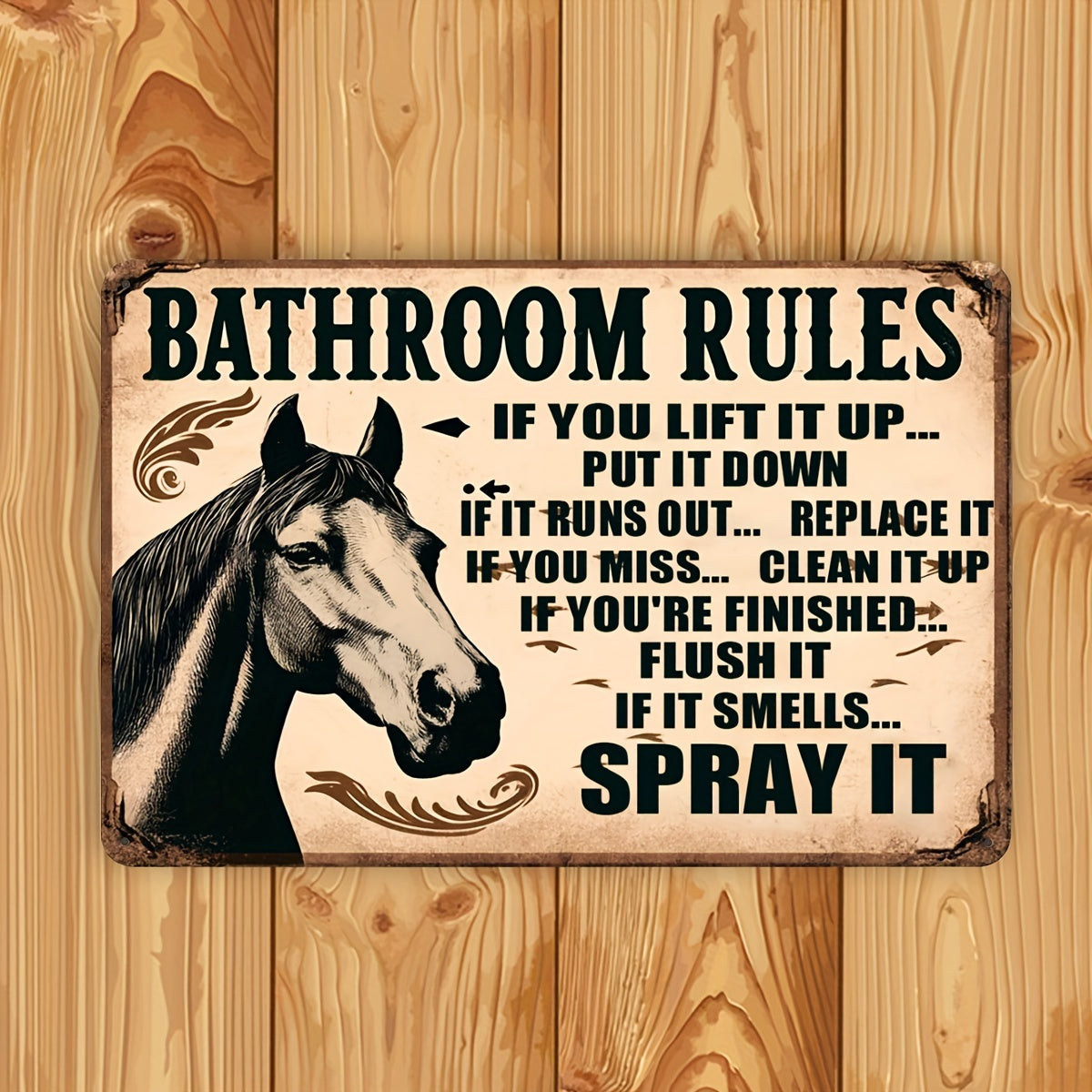 Vintage Horse Illustration Bathroom Rules Metal Tin Signage 1 Set, 8x12 Inch Humorous Toilet Decor