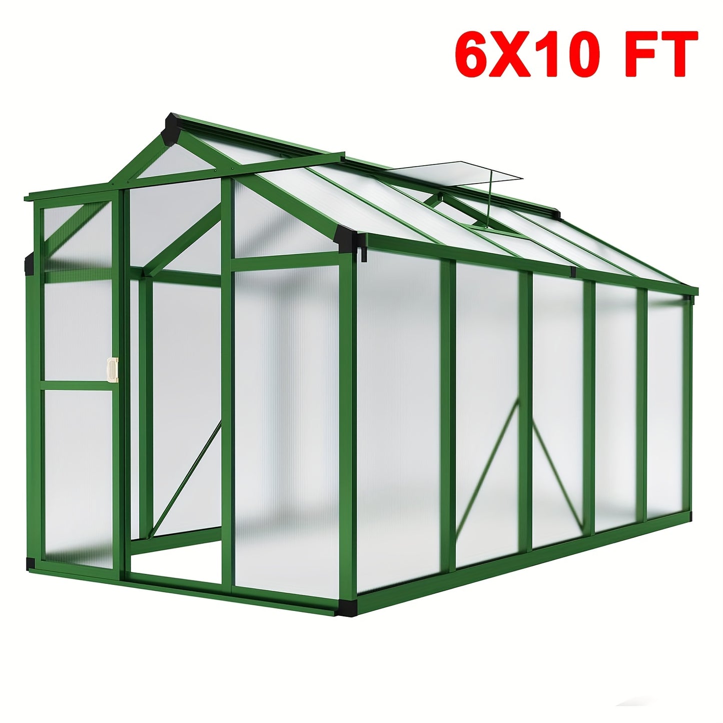 Walk-in Greenhouse With Sliding Lockable Door & Roof Vent, 6x10x6.3ft Aluminum Greenhouse