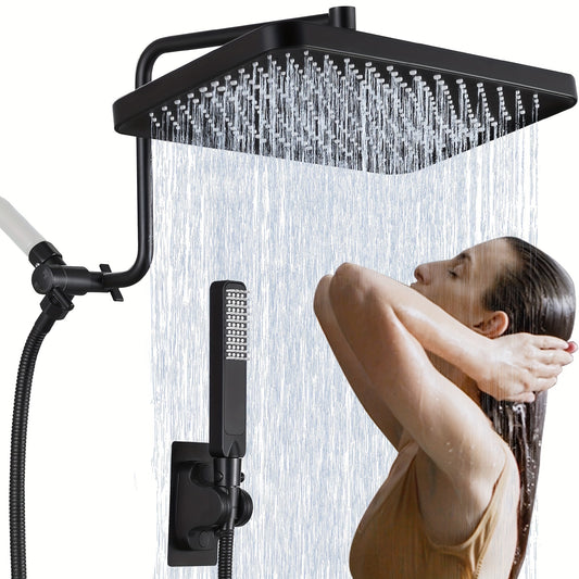 Black Deluxe Shower-head Set, 13-Inch High-Pressure Rainfall Showerhead W/12-Inch  Arm