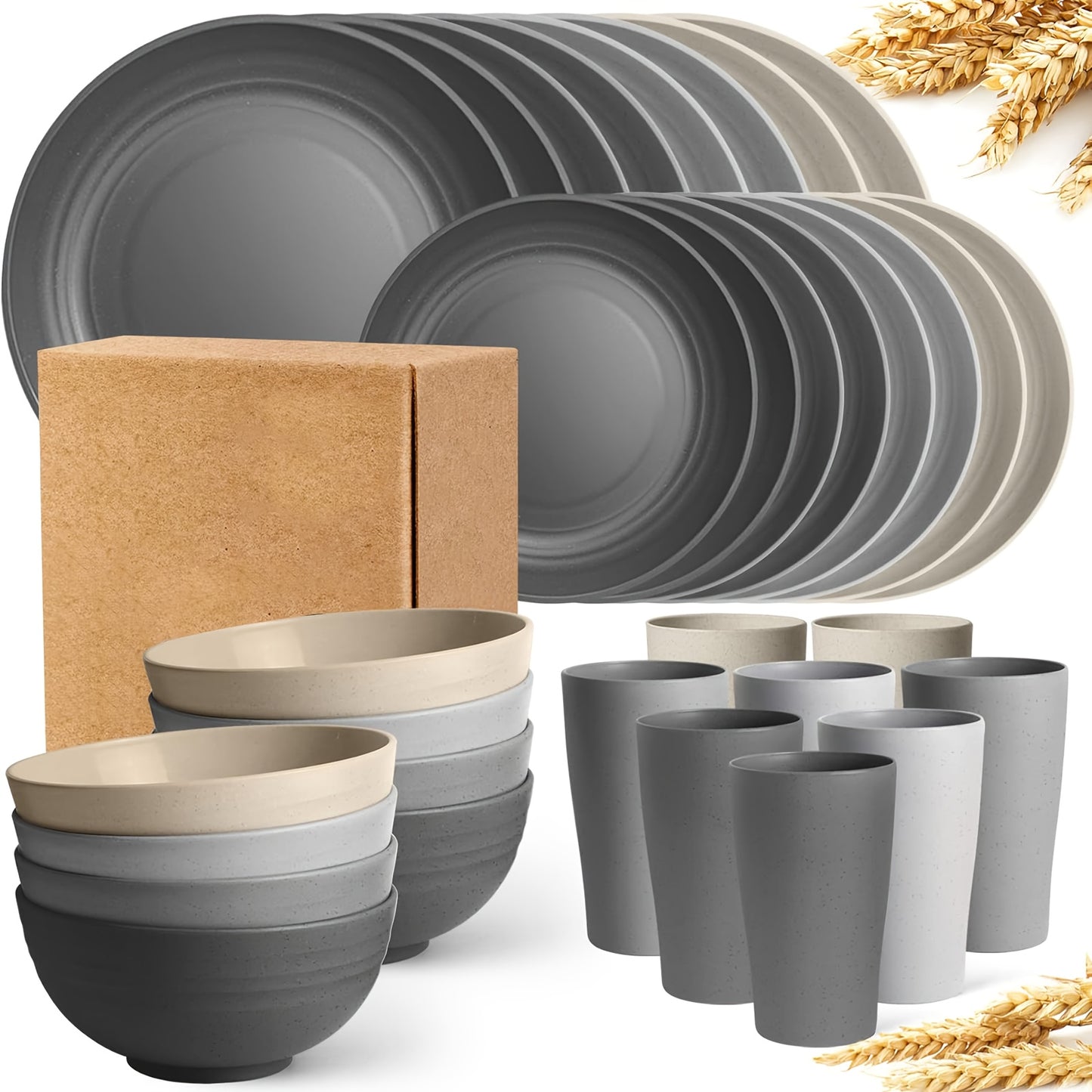 16/17/32pcs Kitchen Dinnerware Set Made from Wheat Straw, 4 Or 8 People. Unbreakable Modern Dishes