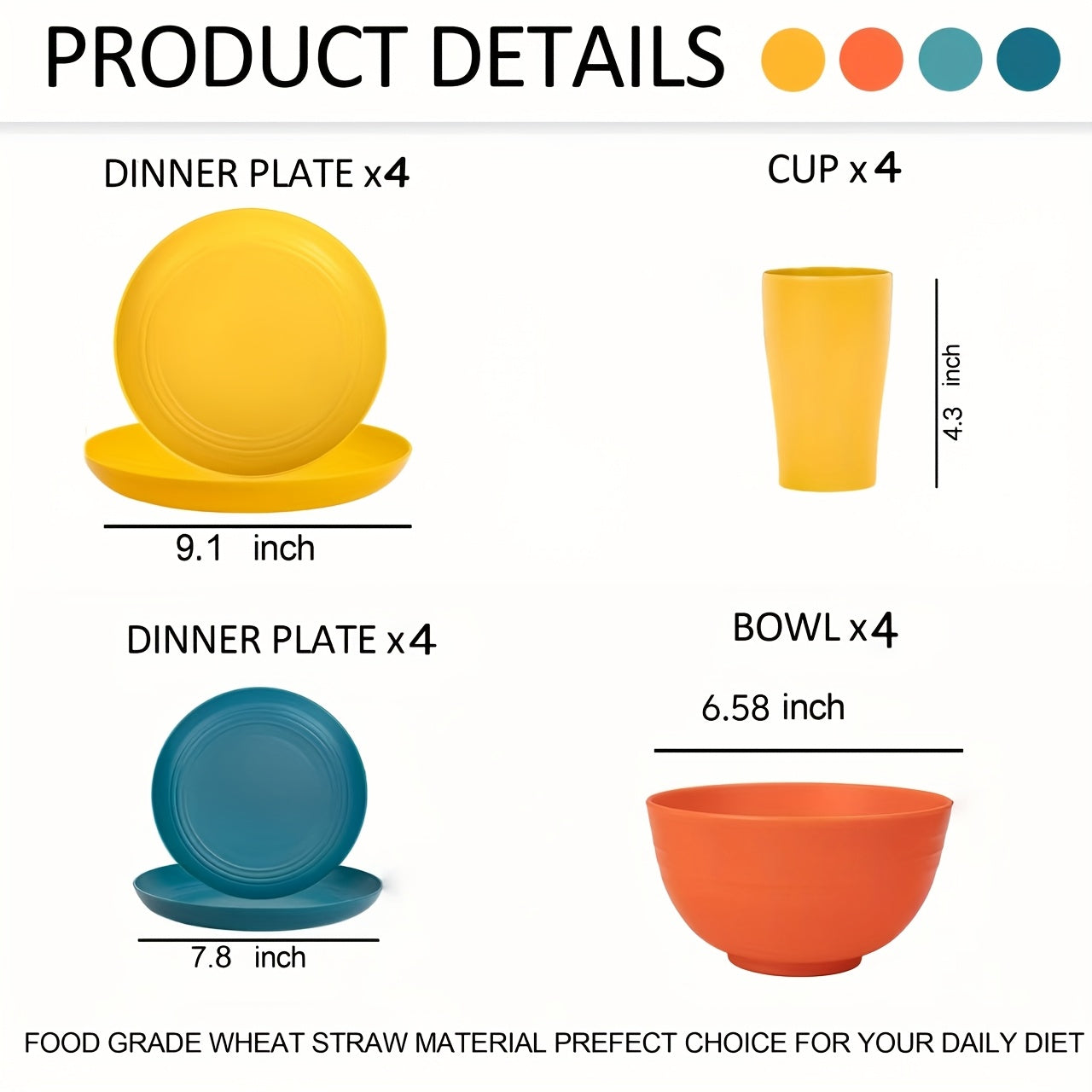 16/32pcs Wheat Straw Tableware Set, Round Plates, Dessert Plates, Bowls AndCups, Unbreakable Plates And Bowls Set, Service For 8/4, Dishwasher Safe, Durable & Lightweight & Easy-Clean For Kitchens, RVs, Camping, And Outdoor U