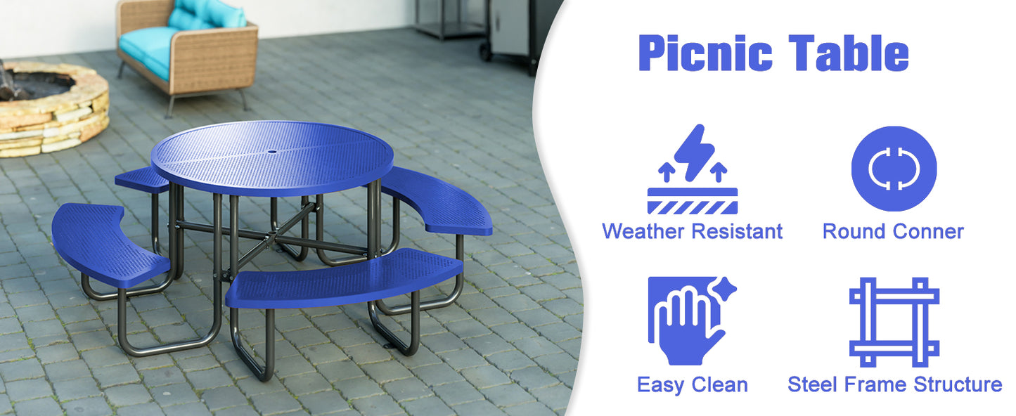 LZBEITEM Round Metal Picnic Table with Umbrella Hole, 46" Steel Portable Picnic Table Courtyard BBQ