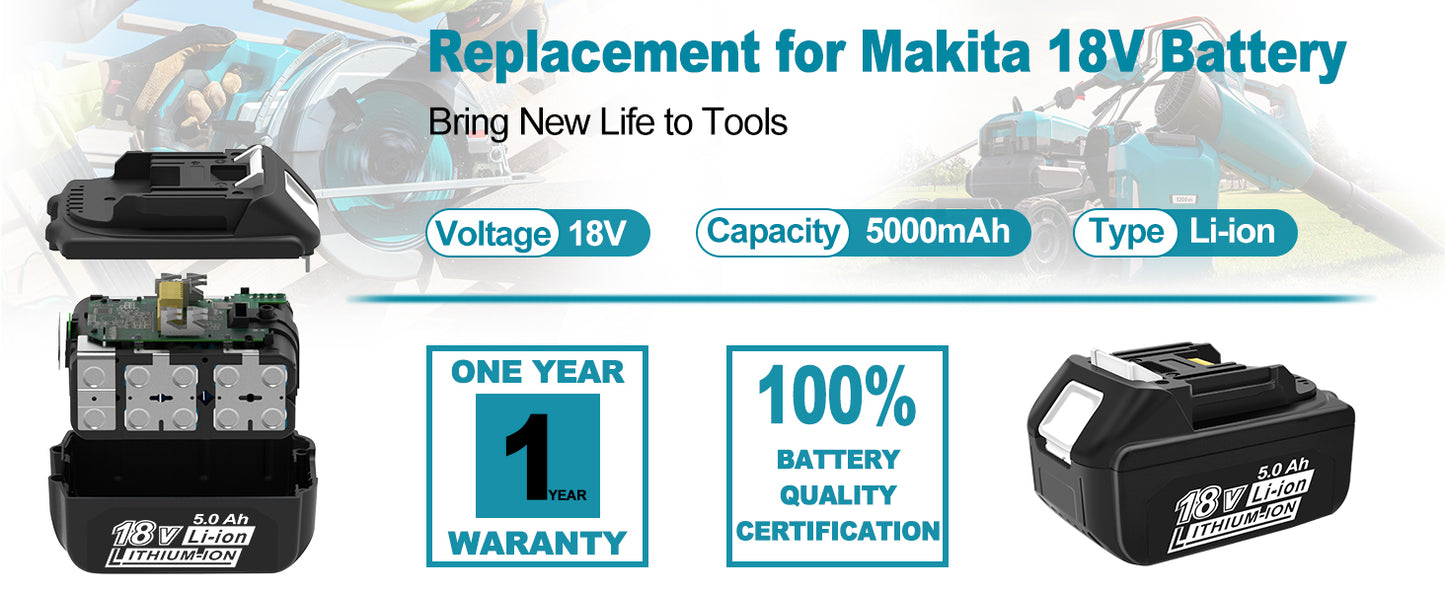 BL1850B 5000mAh 18V Battery& Charger for18v Power Tool  LED Li-ion LXT BL1830 BL1860