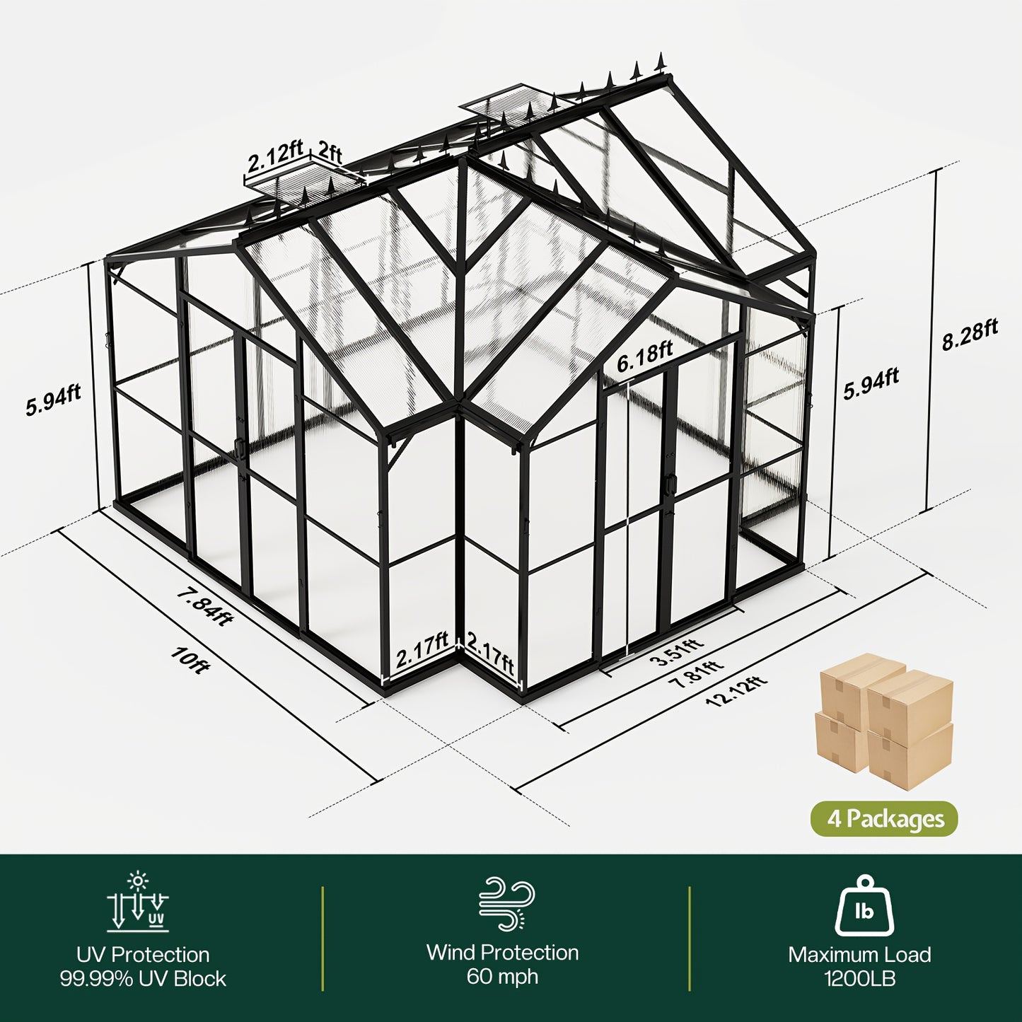 PAPABABE Greenhouse 12x10x8ft Aluminum Frame/Quick-Connect/2 Hinged Doors/Vents, Garden Houses