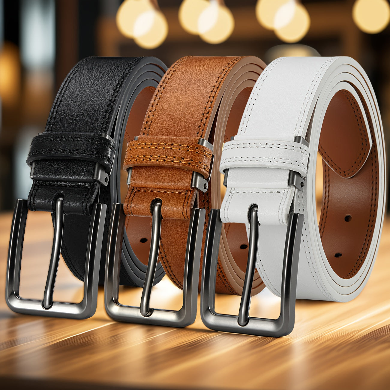3pcs Mens Genuine Leather Belt Pin Buckle Classic Vintage Cowhide Trendy Casual Jean Belts