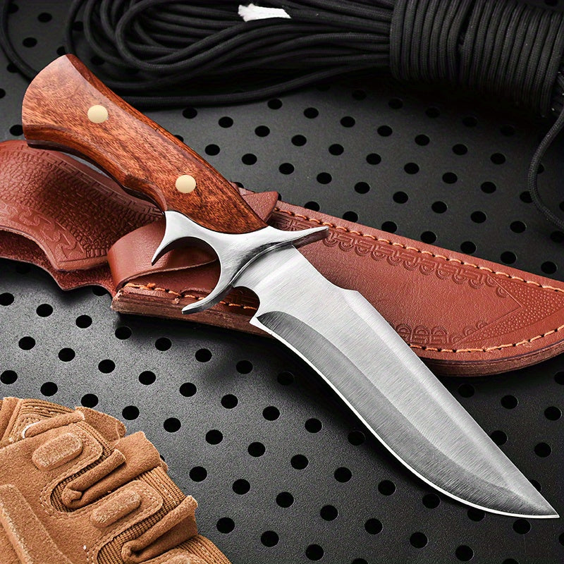 1pc Hand-Forged Damascus Fixed Blade | Wooden Handle, Leather Sheath, Flat Edge, 13" Blade, 15"