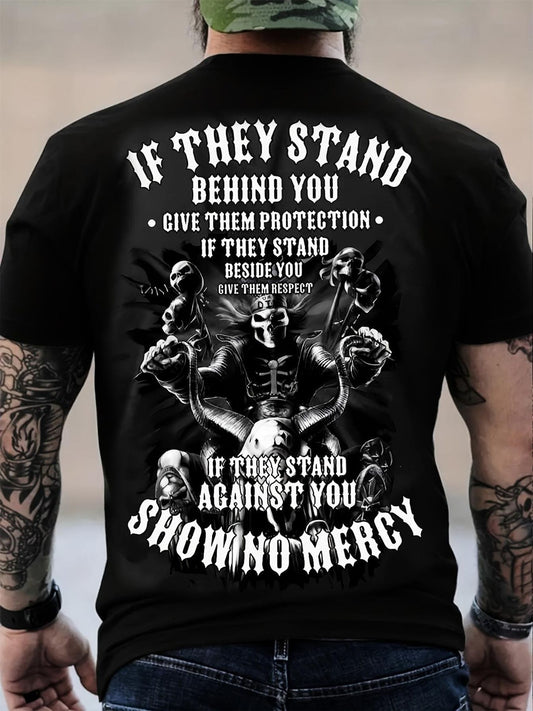 Aggressive Warrior Graphic T-Shirt with Bold Text - 'If They Stand Behind You, Give Them Protection'