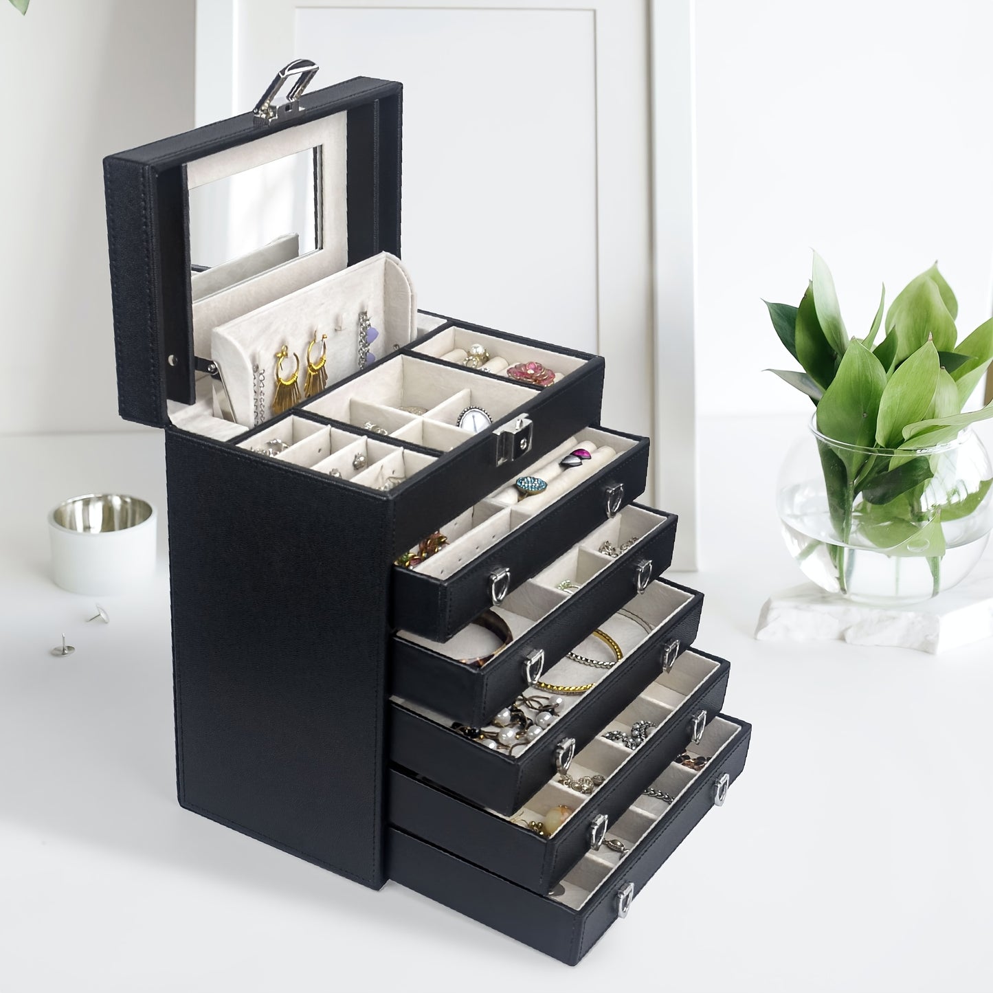 6-Layer Large Leather Jewelry Box for Women, Jewelry Organizer Box with Mirror LJC09BK