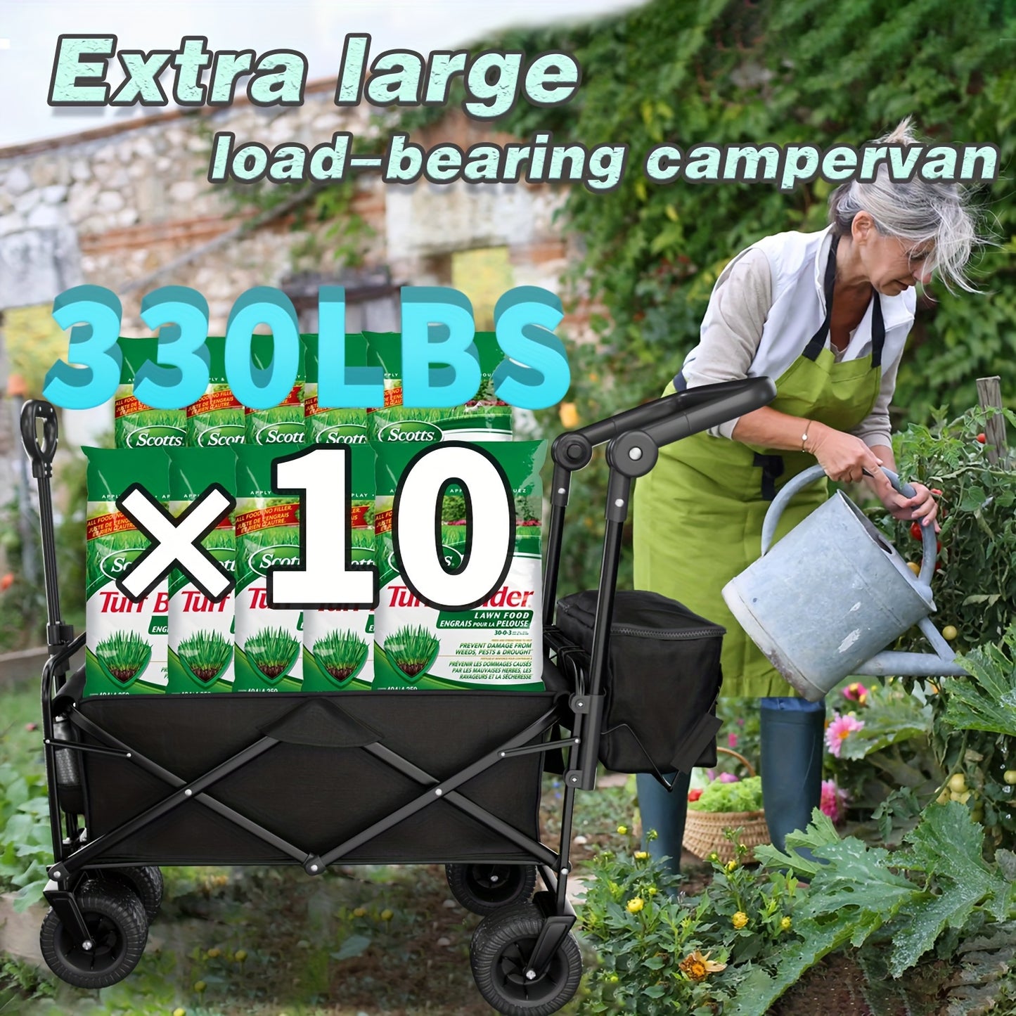 Extra Large Foldable Garden Cart Wagon - 180° Adjustable Pushrod, 360° All-Terrain Wheels