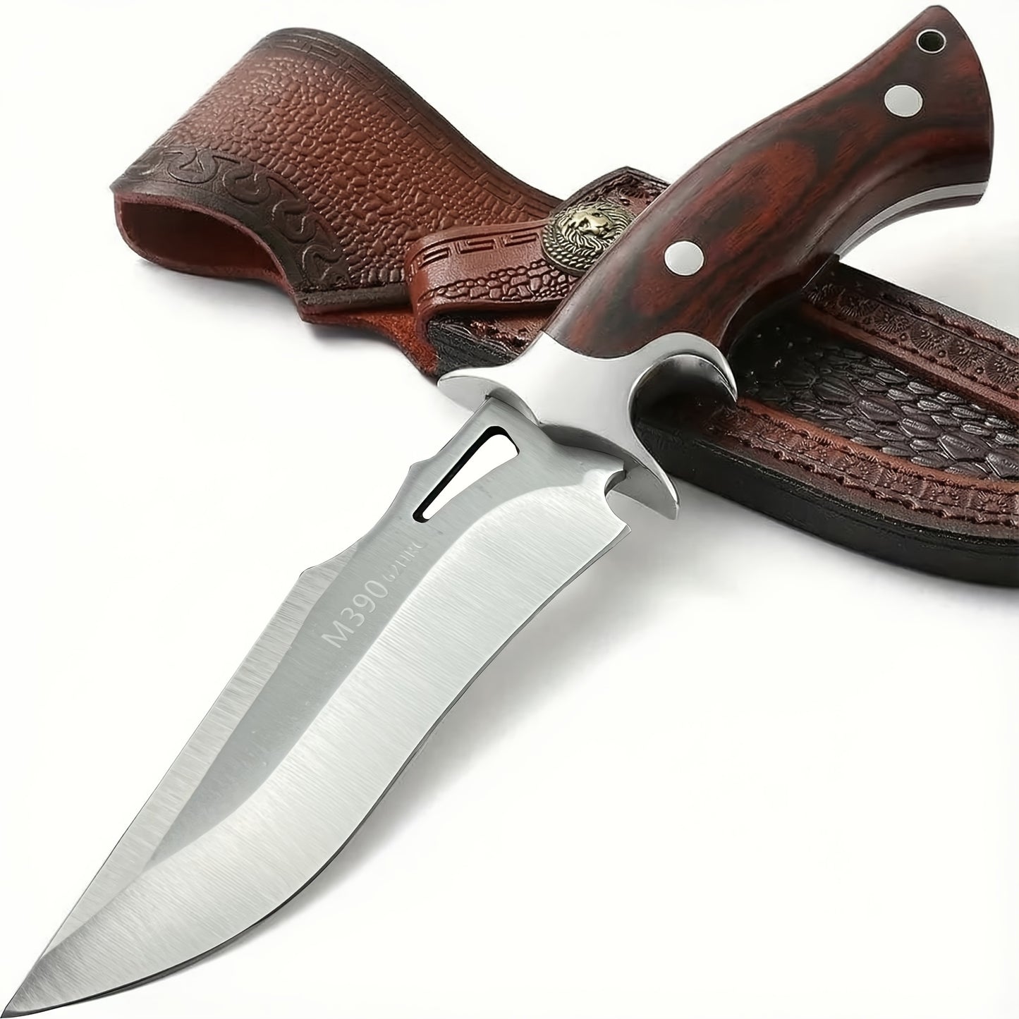 1pc Hand-Forged Damascus Fixed Blade | Wooden Handle, Leather Sheath, Flat Edge, 13" Blade, 15"