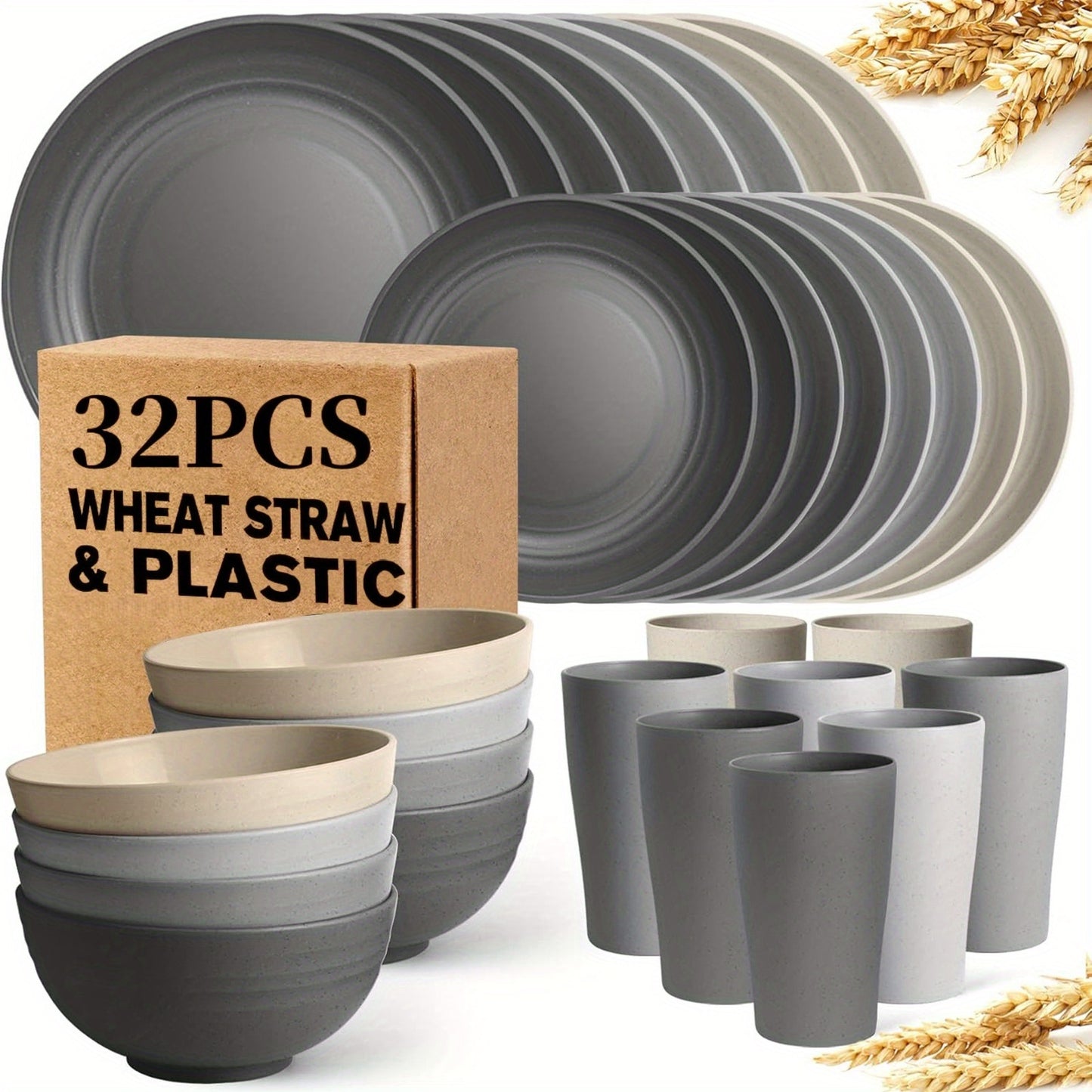 Unbreakable Plates, Bowls & Cups/Wheat Straw Tableware Set/4/16/32pcs Dishwasher Safe, Lightweight