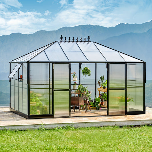 Aluminum Greenhouse Polycarbonate, 2 Vents, Double Swing Doors, 6FT Wall Height Extension