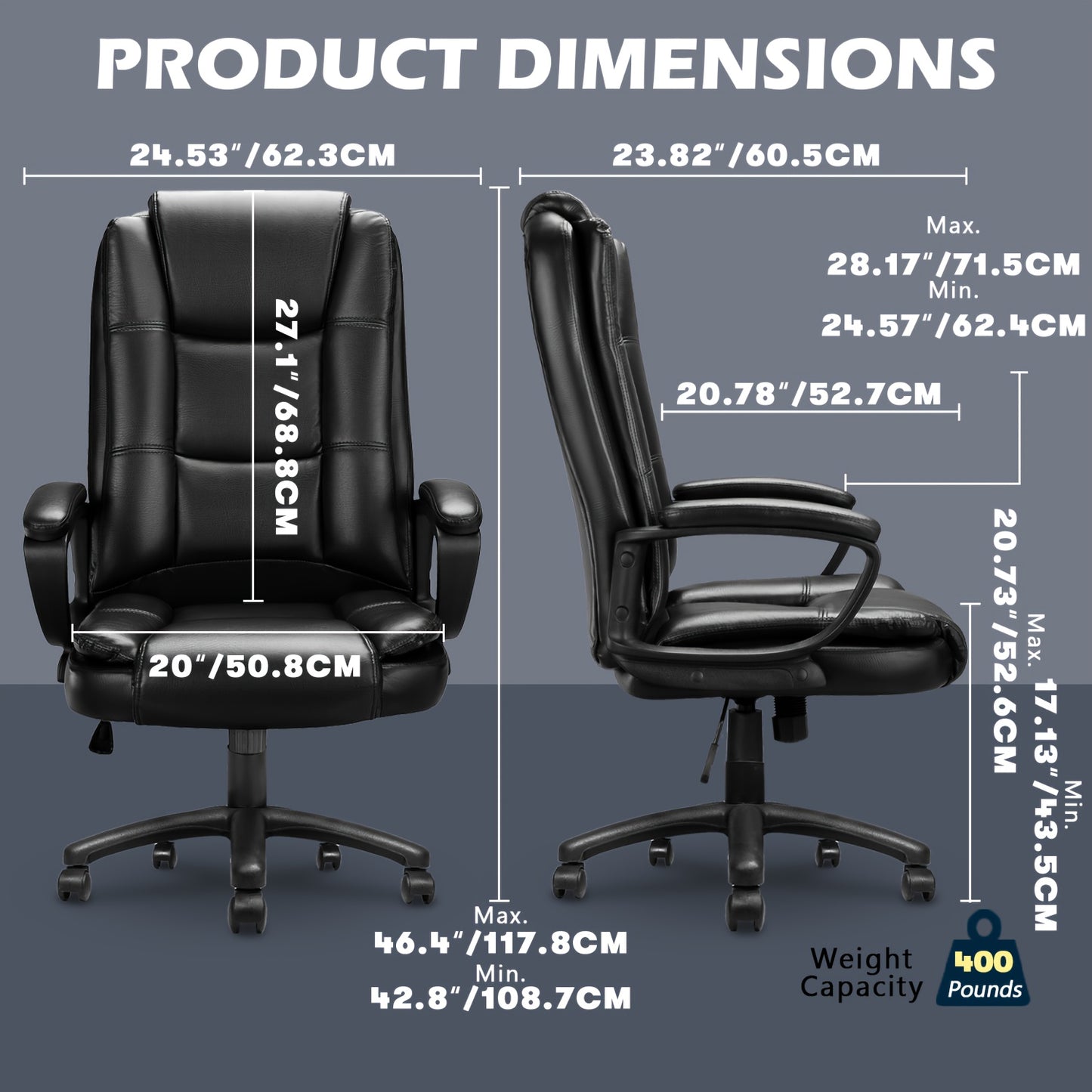 [Big And Tall Executive Chair] 400LBS High Back Ergonomic Adjustable Desk Chair, Faux Leather