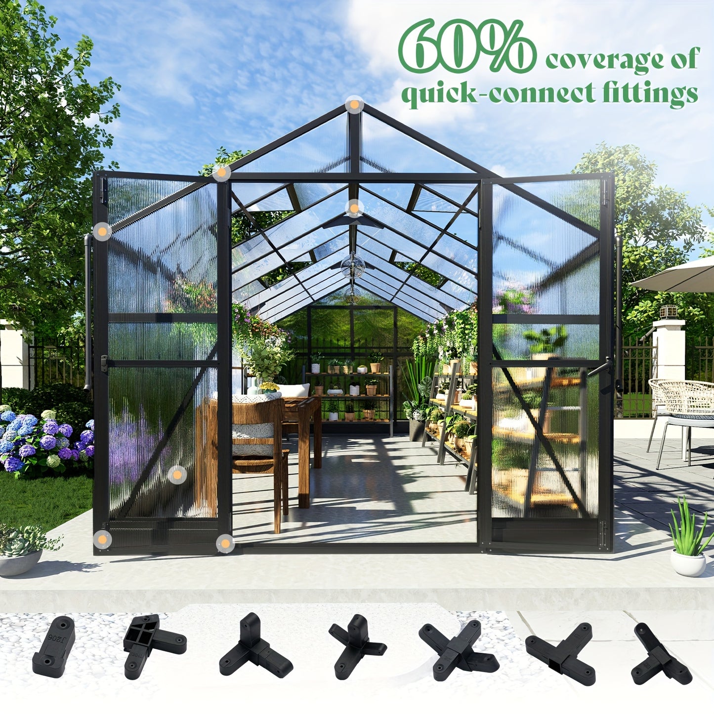 AMERLIFE Grandiose Polycarbonate Greenhouse - Quick-Connect System, Spacious Walk-In Design, 4 Vents