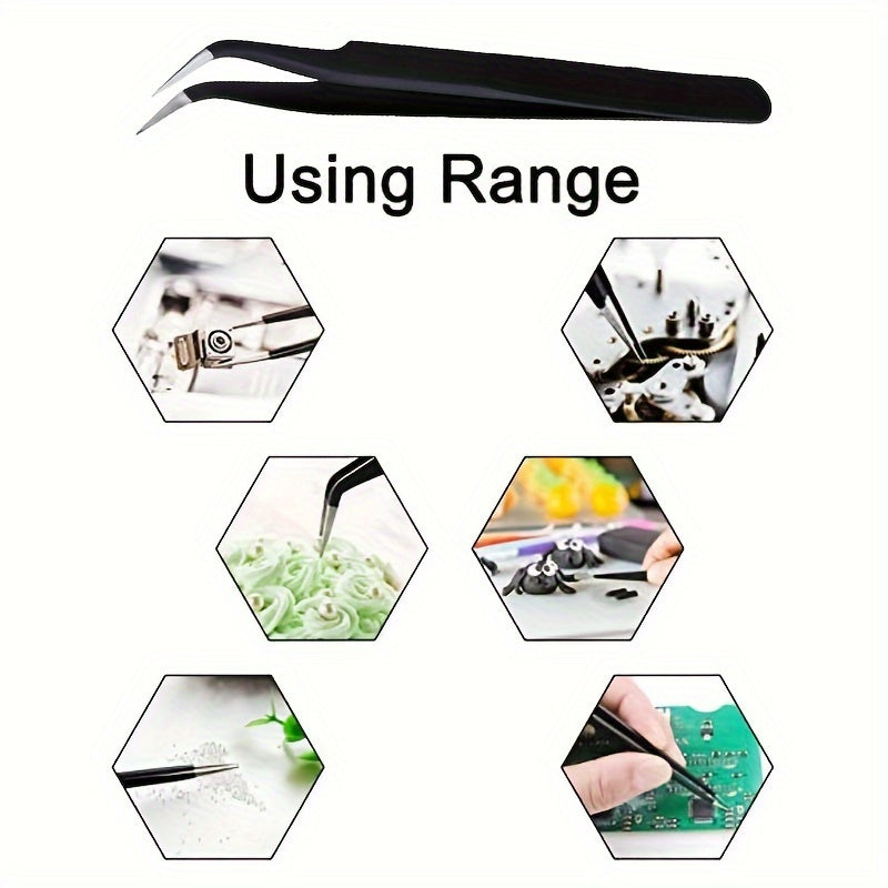 Set of 5 Black Metal Precision Tweezers with Curved Tips, Ideal for Crafting And Handiwork