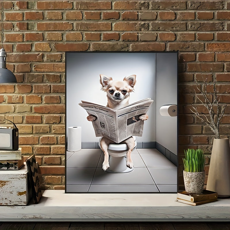 Chihuahua Reading Newspaper on Toilet: "12x16"  Framed Poster - Humorous Animal Wall Art