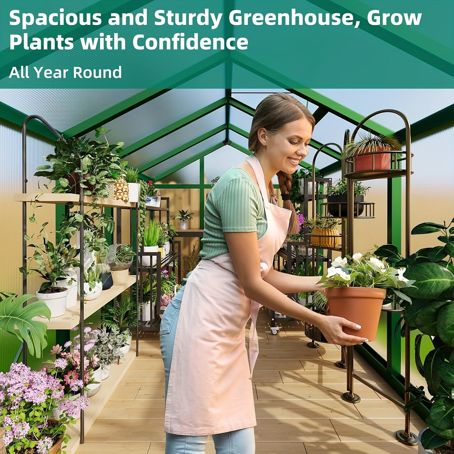 Walk-in Greenhouse With Sliding Lockable Door & Roof Vent, 6x10x6.3ft Aluminum Greenhouse