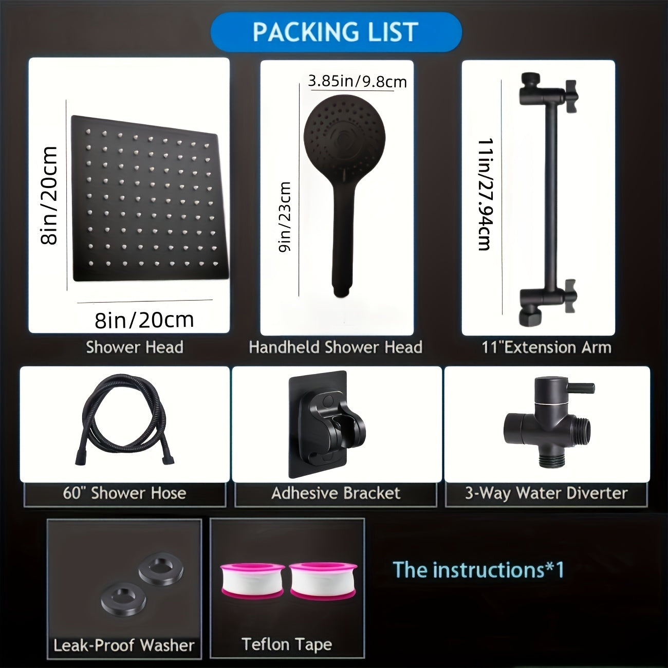 Matte Black 10" Stainless Steel Showerhead 1pc - High-Pressure Rain Shower Head Set w/11" Arm