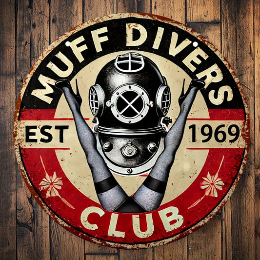 Vintage Aluminum Muff Divers Club Decorative Sign, 8 Inch Round Metal Tin Wall Hanging Plaque