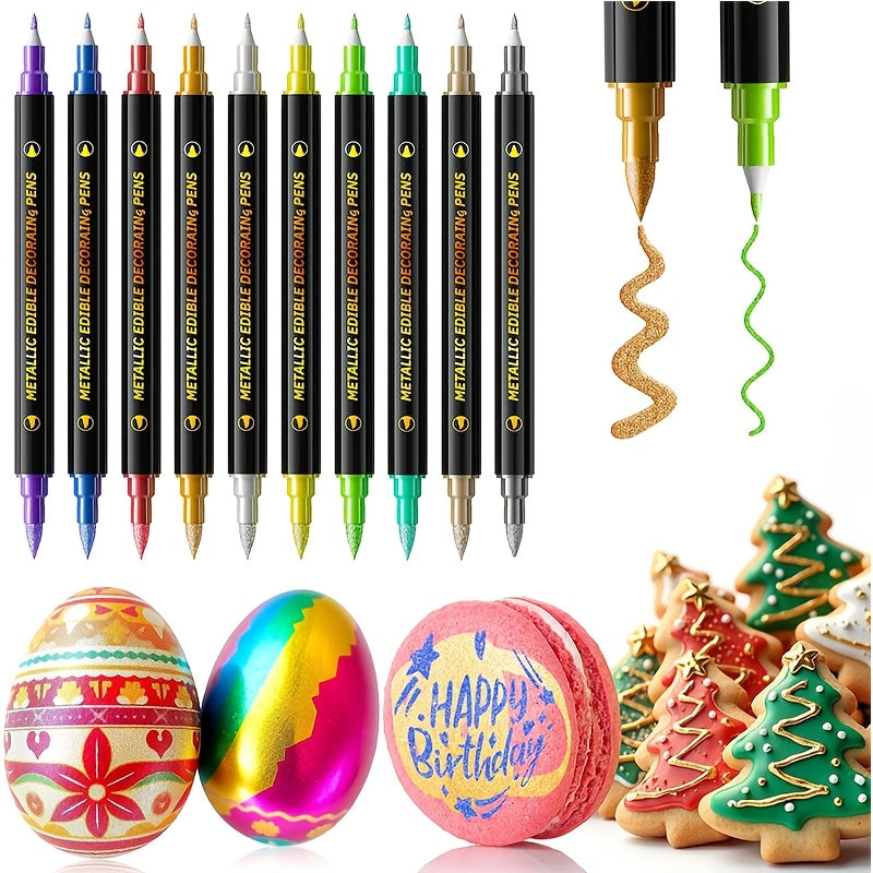 10pcs Edible Markers For Cookie Decoration, Upgraded Metal Marker Glitter Pens, Double-Sided Tip