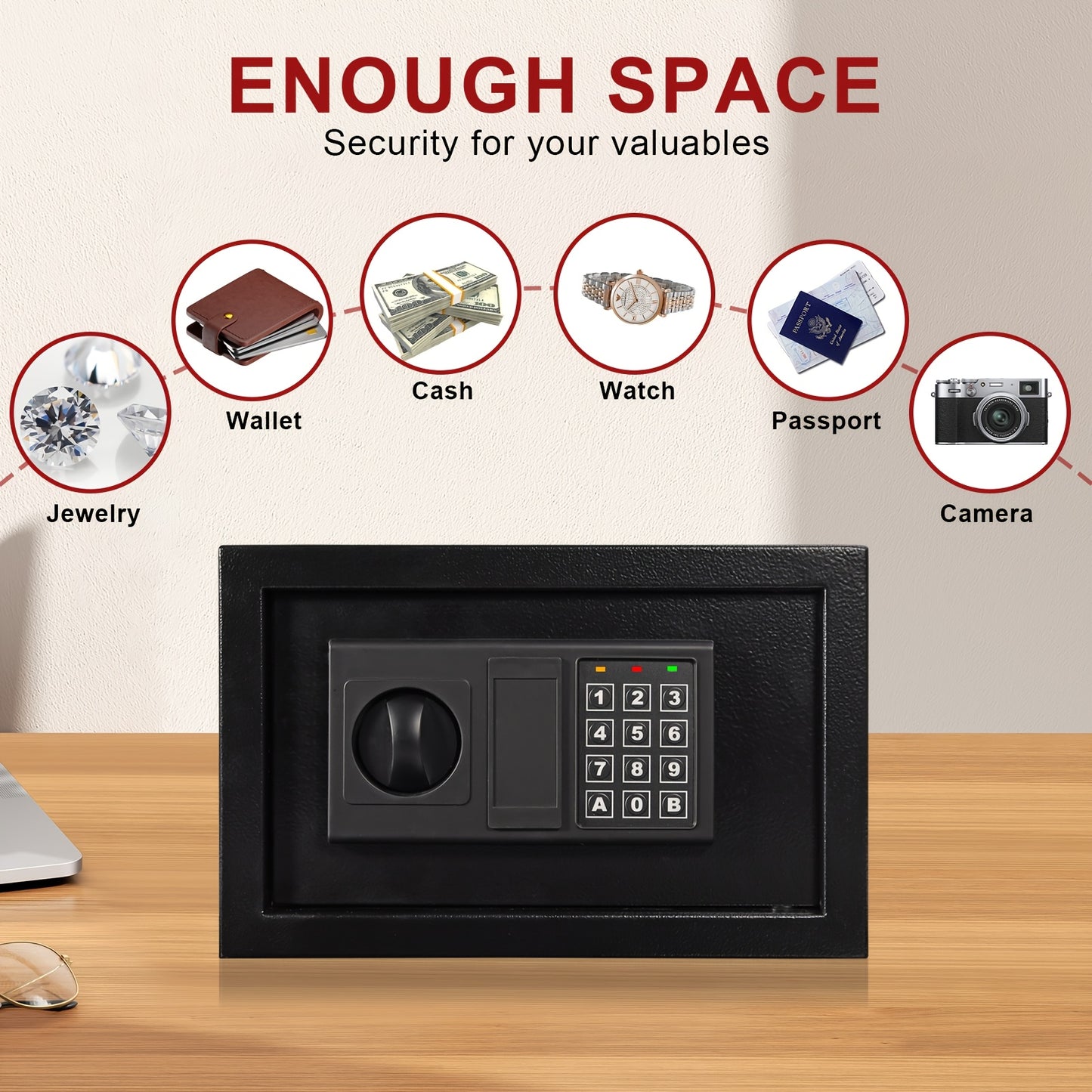 HOMEYUER Safe Box with 4pcs LED Sensor Light, Hidden Safe Box with Key & Digital Lock