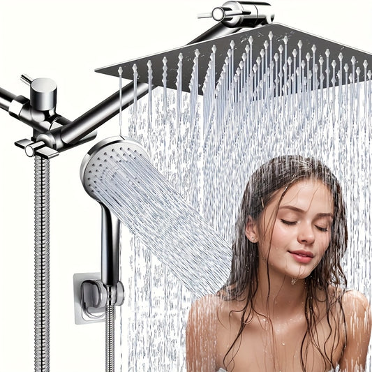 8 1/2" High Pressure Rainfall Shower Head/Handheld Shower Combo W/11" Extension Arm, 5 Settings