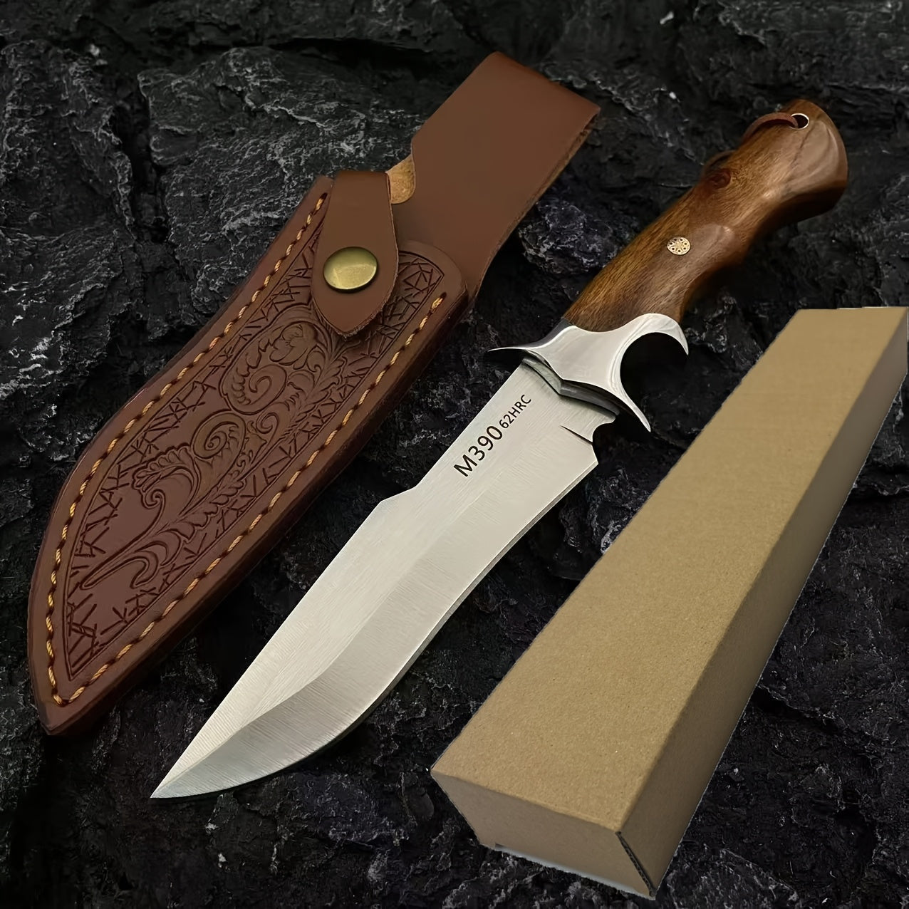1pc Hand-Forged Damascus Fixed Blade | Wooden Handle, Leather Sheath, Flat Edge, 13" Blade, 15"