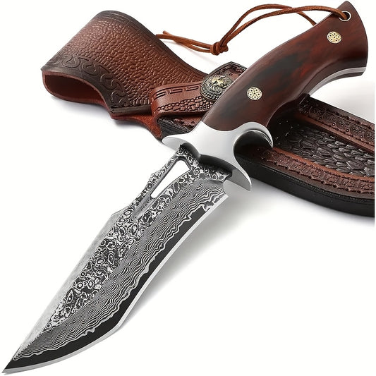 1pc Hand-Forged Damascus Fixed Blade | Wooden Handle, Leather Sheath, Flat Edge, 13" Blade, 15"