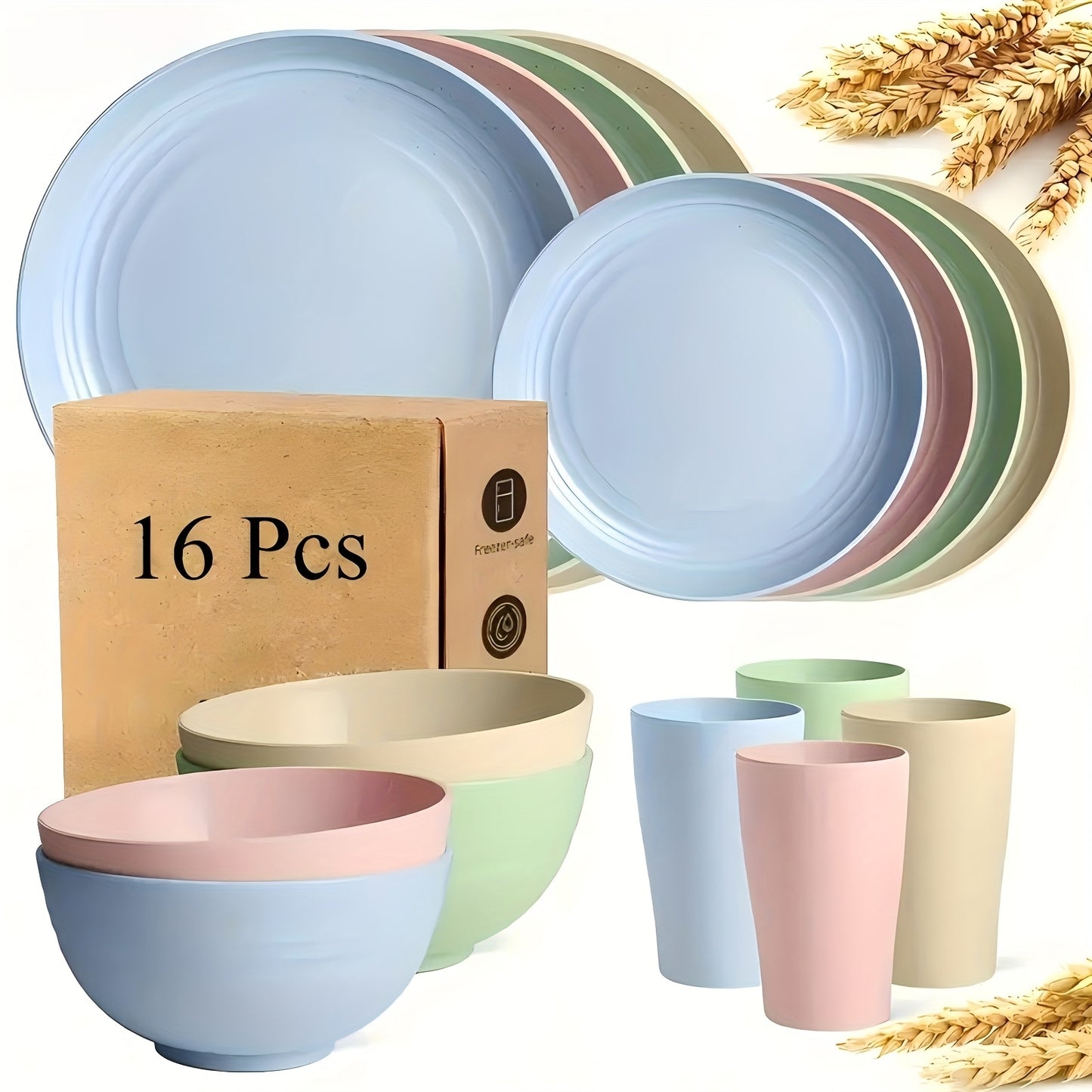 16/17/32pcs Kitchen Dinnerware Set Made from Wheat Straw, 4 Or 8 People. Unbreakable Modern Dishes