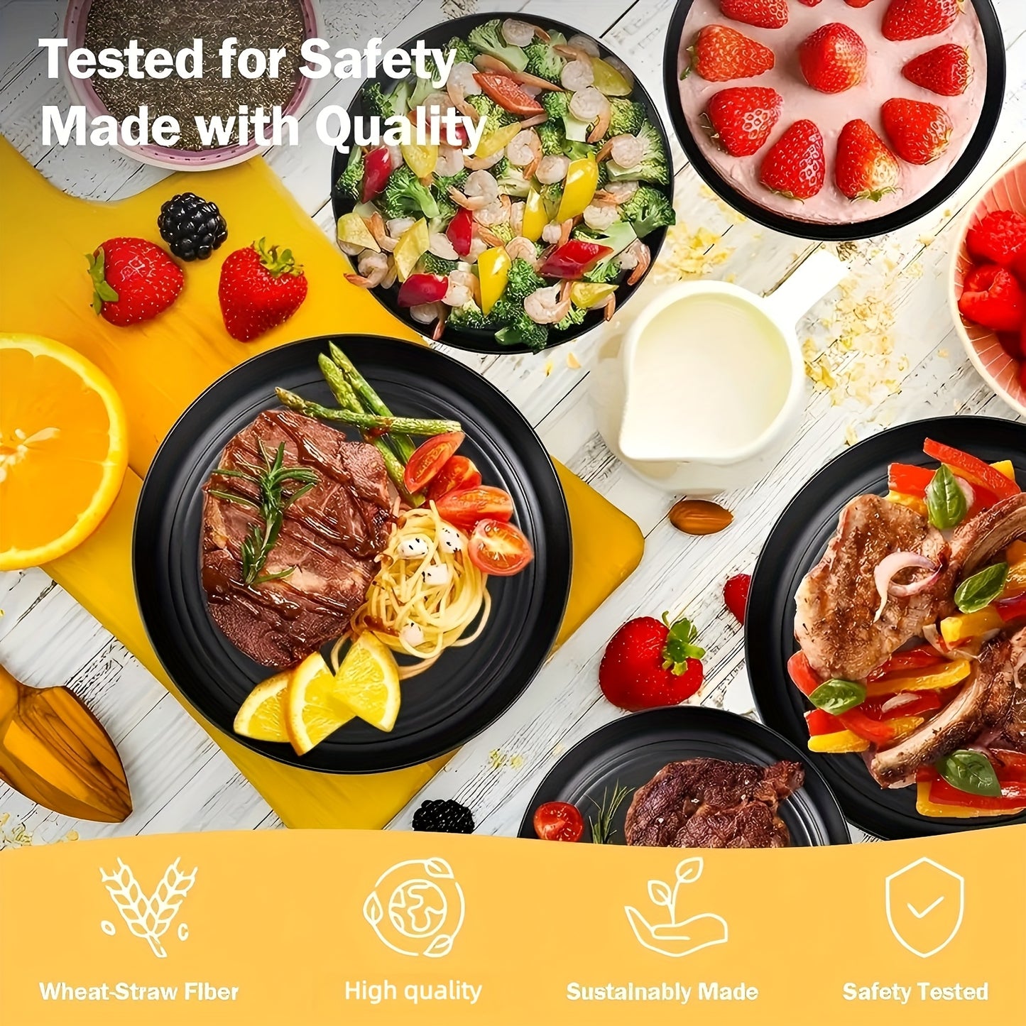 16/32pcs Wheat Straw Tableware Set, Round Plates, Dessert Plates, Bowls AndCups, Unbreakable Plates And Bowls Set, Service For 8/4, Dishwasher Safe, Durable & Lightweight & Easy-Clean For Kitchens, RVs, Camping, And Outdoor U