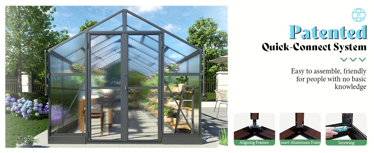AMERLIFE Grandiose Polycarbonate Greenhouse - Quick-Connect System, Spacious Walk-In Design, 4 Vents