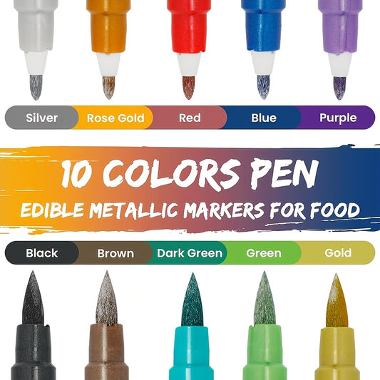 10pcs Edible Markers For Cookie Decoration, Upgraded Metal Marker Glitter Pens, Double-Sided Tip