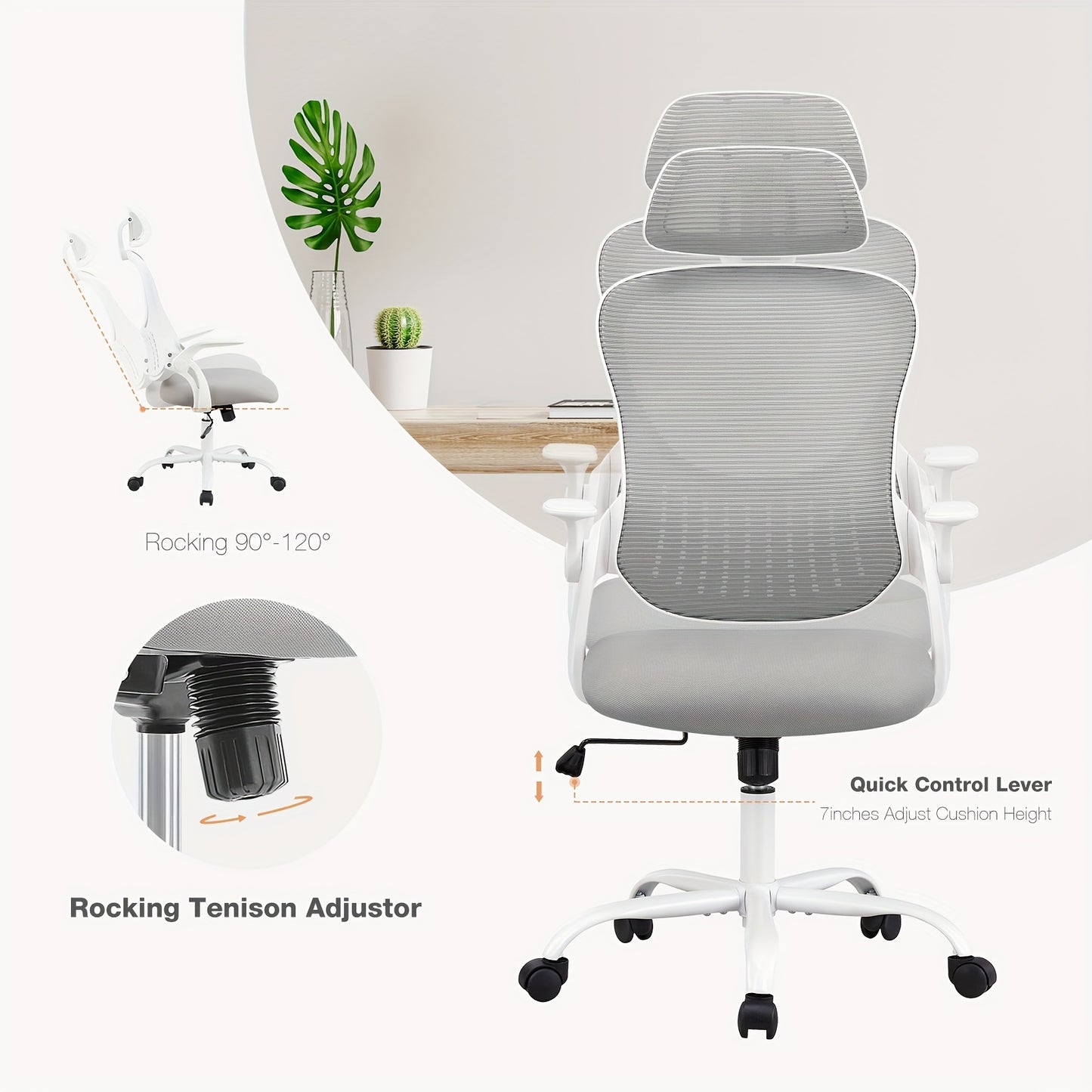Executive Comfort High-Back Mesh Office Chair - Ergonomic Lumbar Support, Headrest, Flip-up Arms