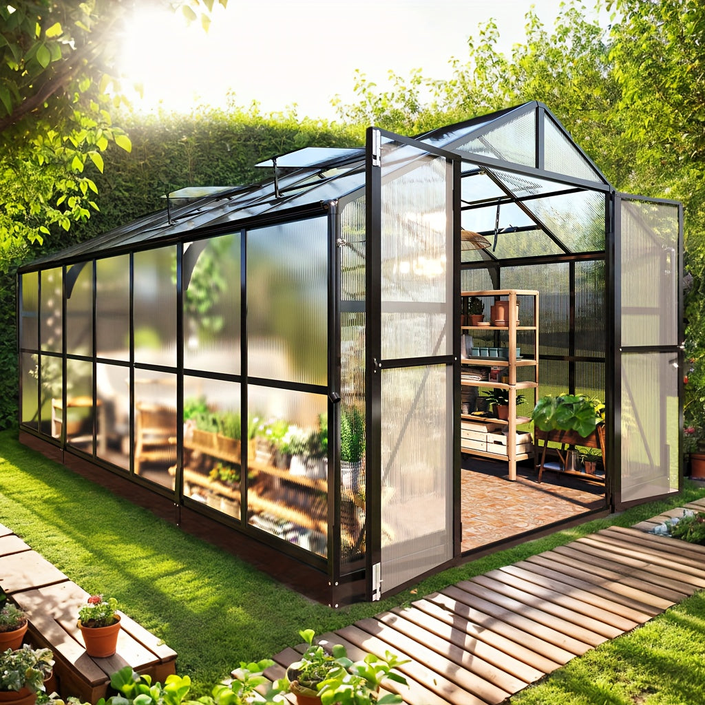 Premium 8x18FT Polycarbonate Greenhouse/Quick-Connect, Aluminum Construction/2 Swing Doors