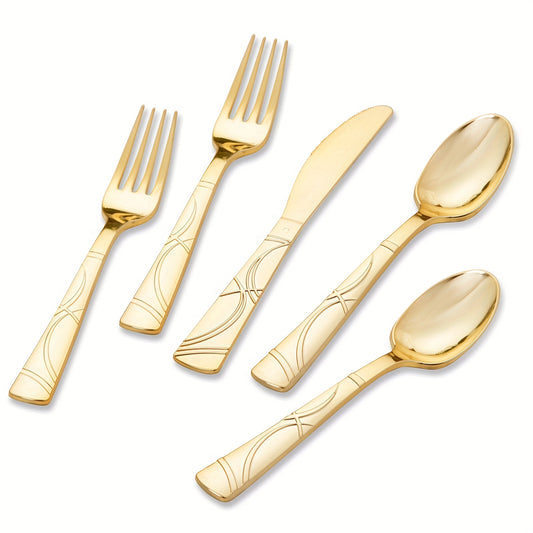 75 Pcs Golden Silverware/Plastic/Disposable w/25 Golden Forks, 25 Golden Spoons, 25 Golden Knives