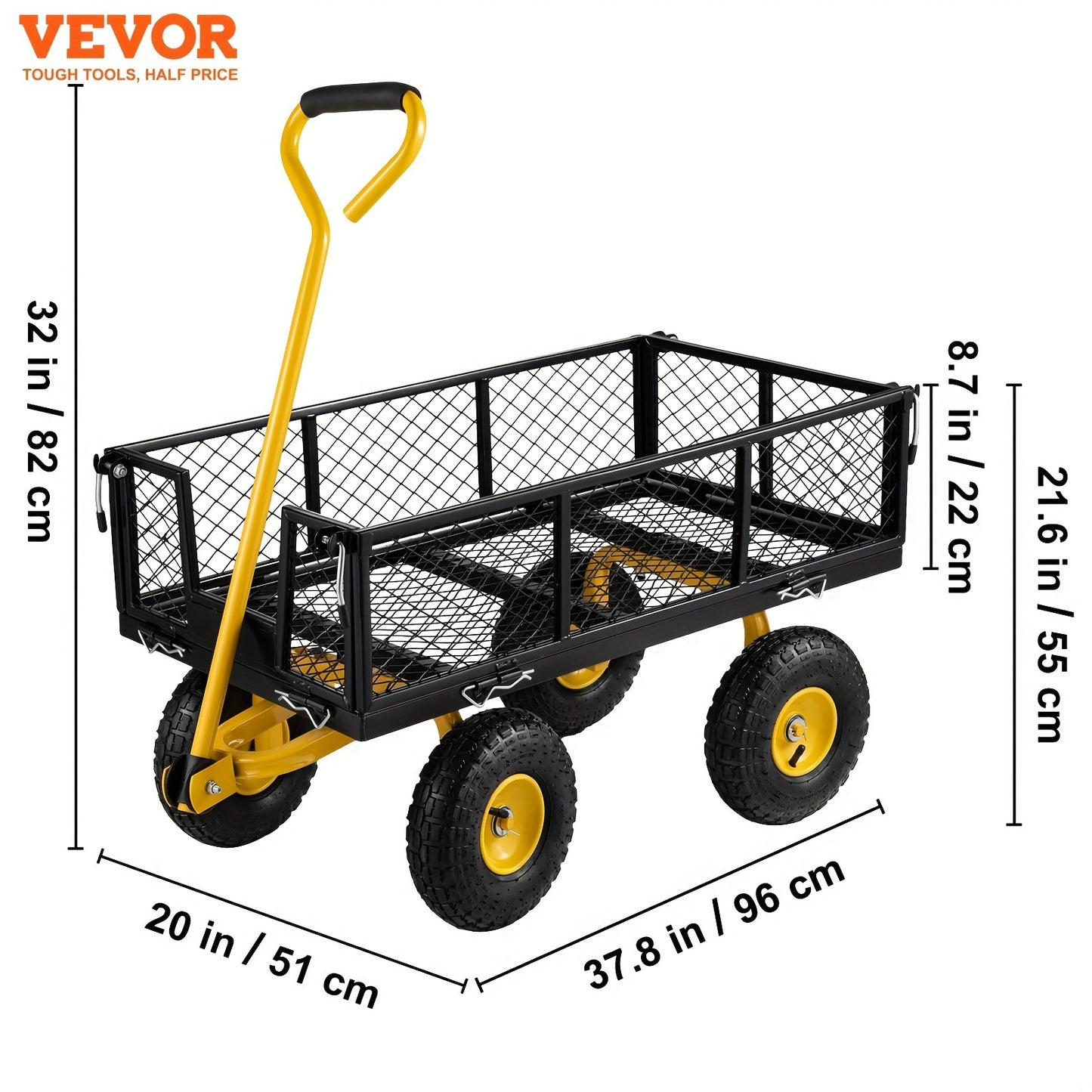 VEVOR Steel Garden Cart, Heavy Duty 900 lbs Capacity, w/Mesh Sides Utility Metal Wagon/10"Tires