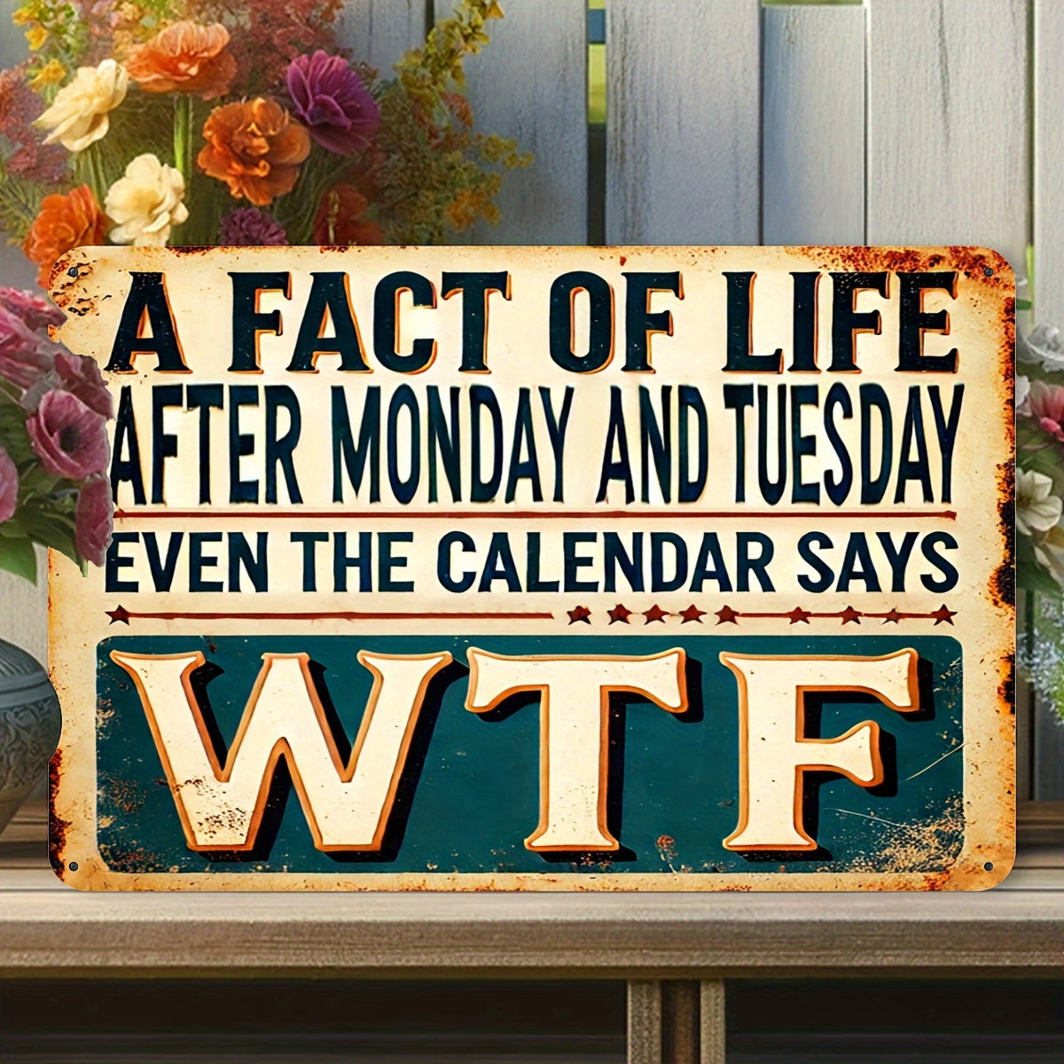 Vintage Aluminum Sign "A Fact of Life: After Monday and Tuesday Even the Calendar Says WTF" 8"X12"