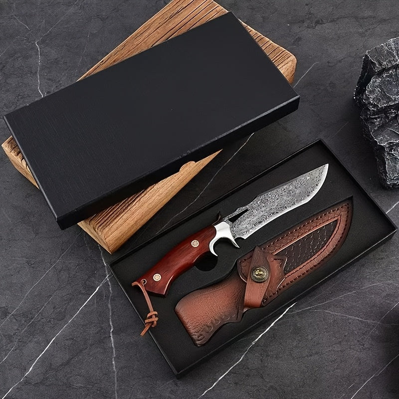 1pc Hand-Forged Damascus Fixed Blade | Wooden Handle, Leather Sheath, Flat Edge, 13" Blade, 15"