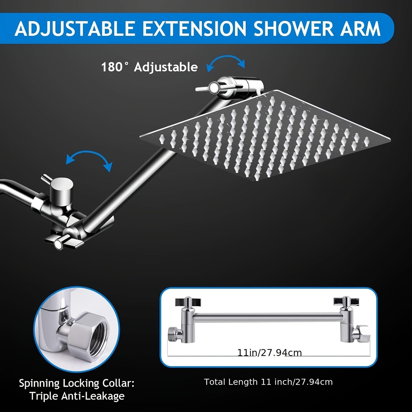 8 1/2" High Pressure Rainfall Shower Head/Handheld Shower Combo W/11" Extension Arm, 5 Settings