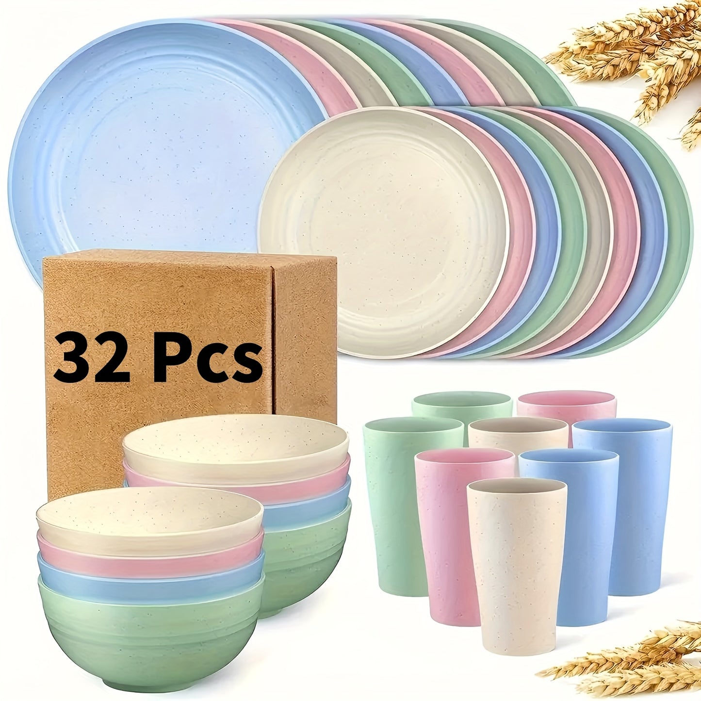 16/17/32pcs Kitchen Dinnerware Set Made from Wheat Straw, 4 Or 8 People. Unbreakable Modern Dishes